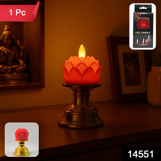 Detailed lotus LED flameless candle with elegant decorative stand for home and temple dΓ©cor